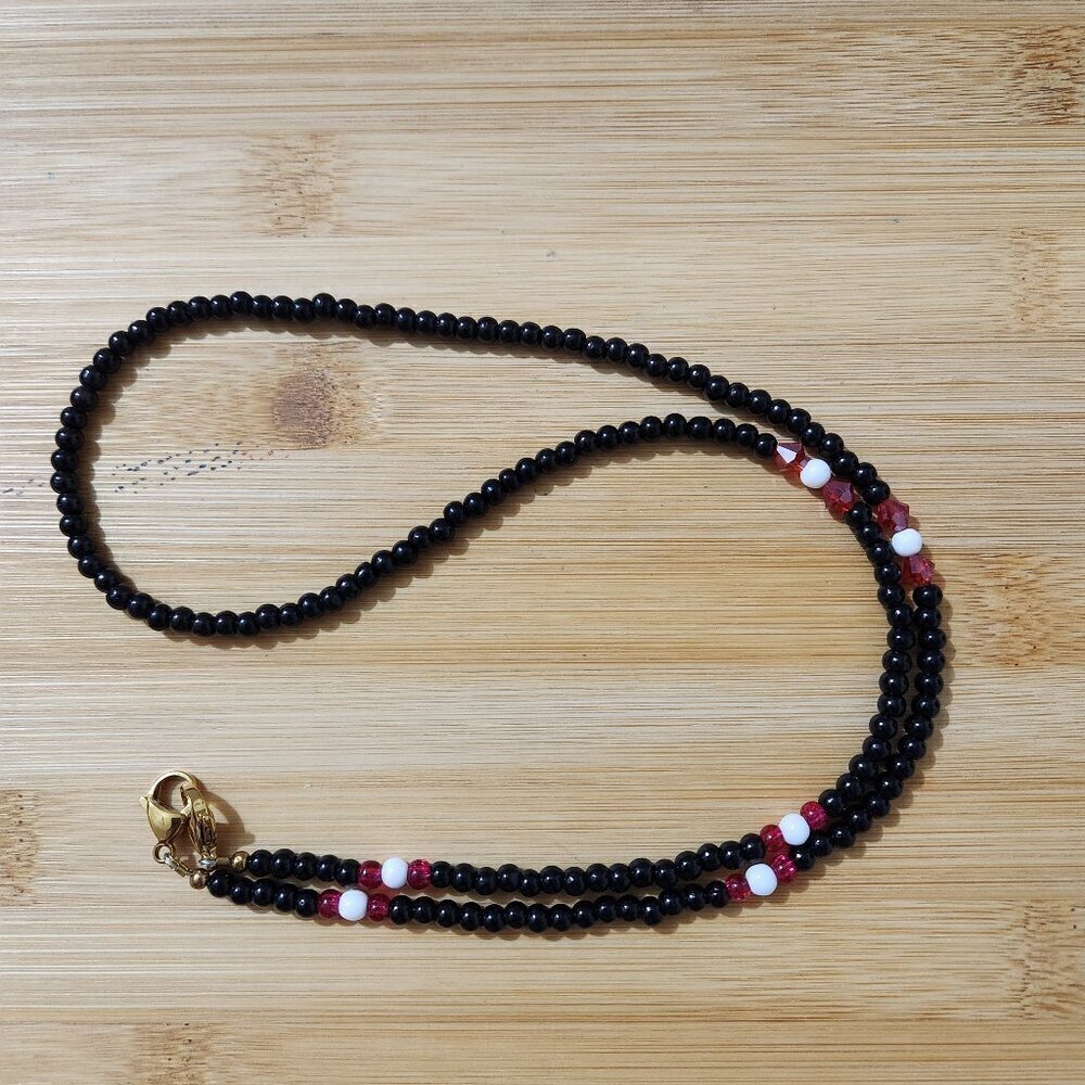 Hand Crafted Necklace Beaded Black Red White Single Strand
